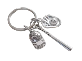 Baseball Bat, Mitt, and Baseball Cap Charm Keychain, Softball or Baseball Team Player Keychain