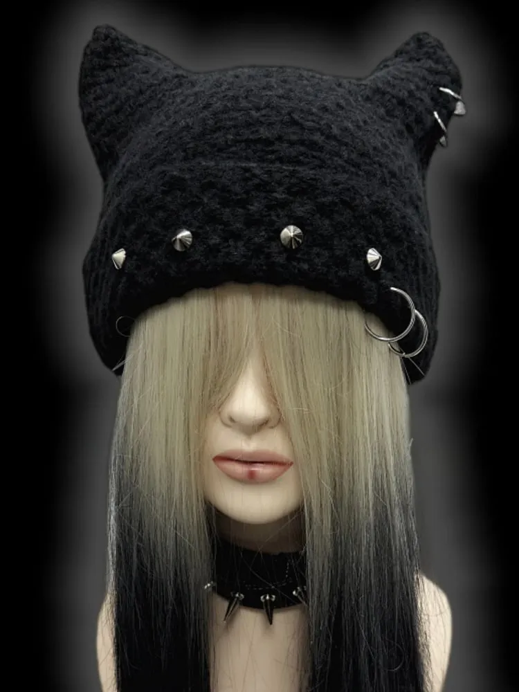 Black Punk Rock Studs at Ears Beanie