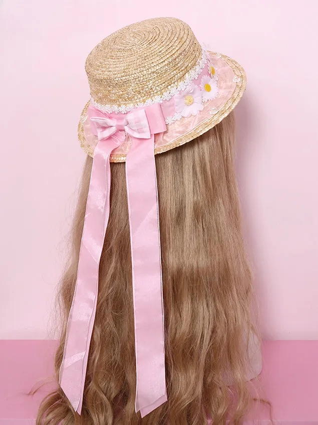 Blue/Pink/Yellow Daisies Bow Accents Straw Hat