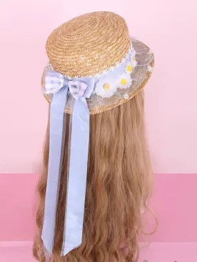 Blue/Pink/Yellow Daisies Bow Accents Straw Hat