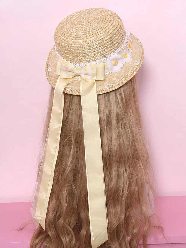 Blue/Pink/Yellow Daisies Bow Accents Straw Hat