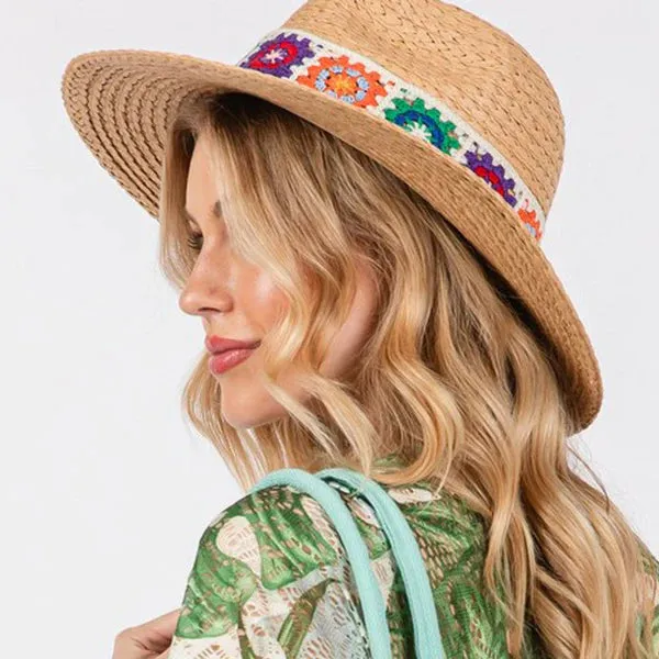 Floral Crochet Band Straw Hat