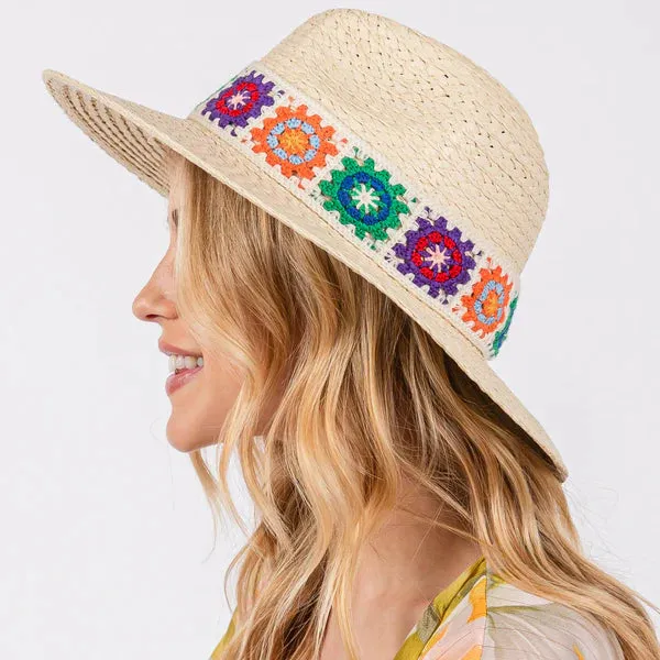 Floral Crochet Band Straw Hat