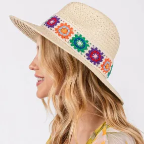 Floral Crochet Band Straw Hat
