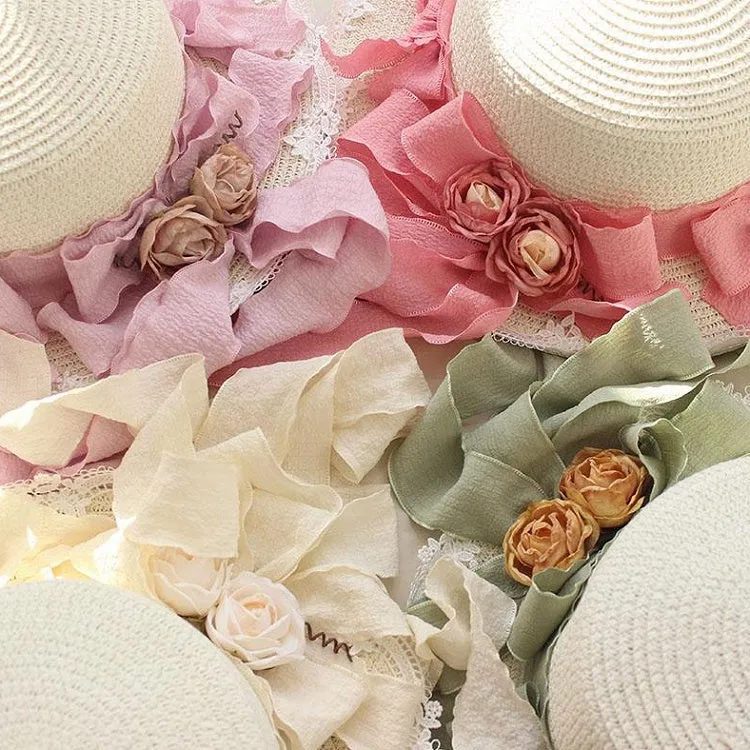 Lace Trim Floral Straw Hat