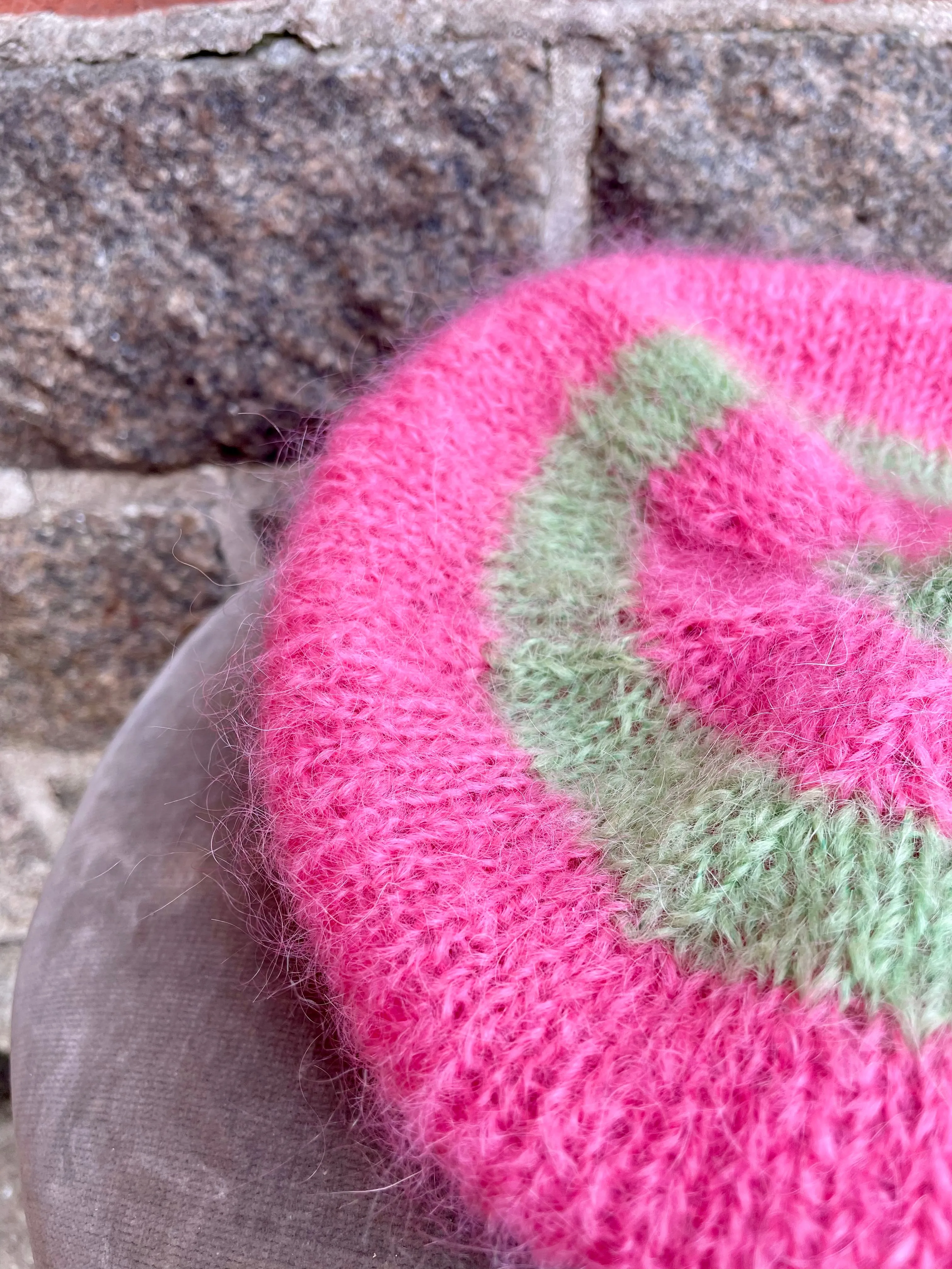 Mohair Beret, E.L. Design - Striped Pink And Green