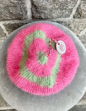 Mohair Beret, E.L. Design - Striped Pink And Green