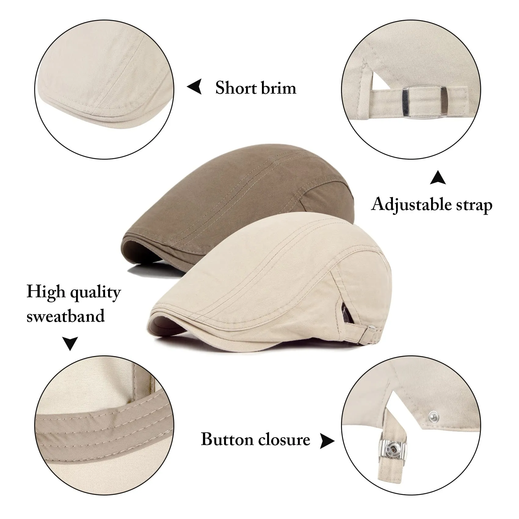 Pack Newsboy Hats for Men Flat Cap Cotton Adjustable Breathable Hunting Hat